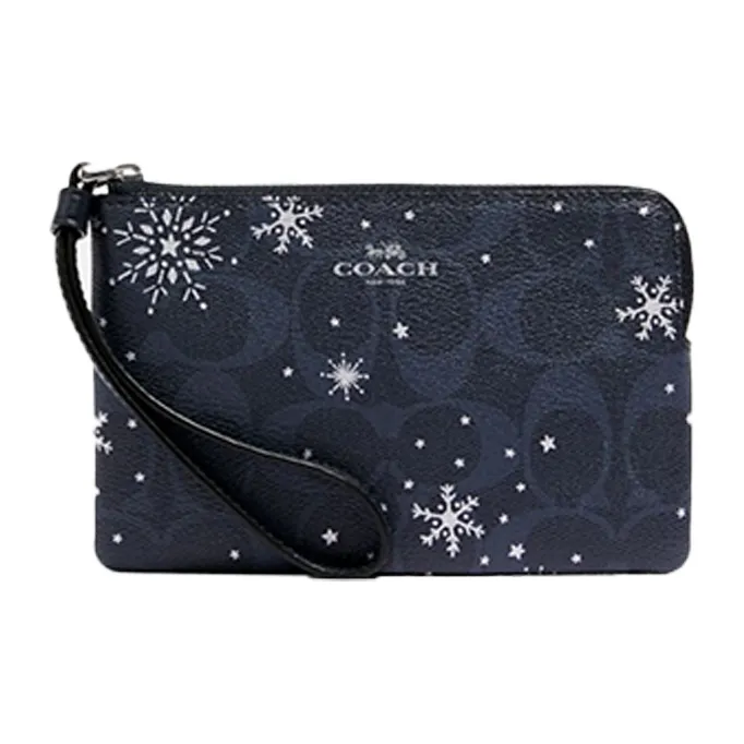 COACH Corner Zip Leather Snowflake Pattern Clutch Wrist Bag Pochette Women's Blue-0