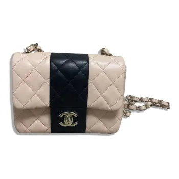 CHANEL Classic Flap CF Calfskin Chain Shoulder Bag, Crossbody Bag Mini Women's Pink With Dark Blue