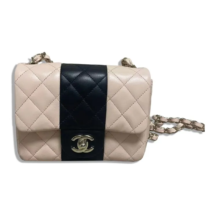 CHANEL Classic Flap CF Calfskin Chain Shoulder Bag, Crossbody Bag Mini Women's Pink With Dark Blue-0