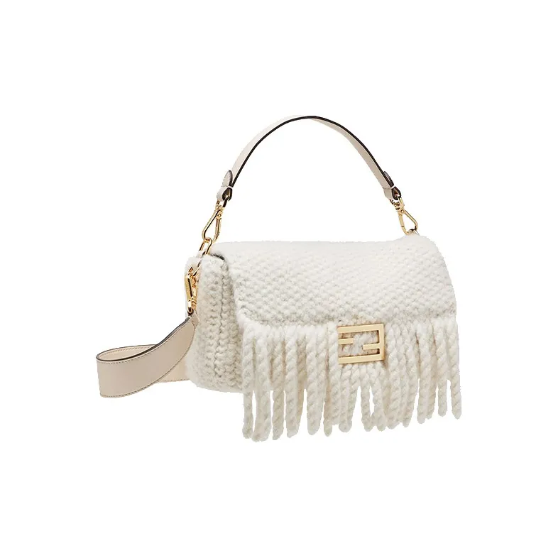 FENDI Baguette Wool Baguette Bag One Shoulder Handbag Crossbody Bag Medium Size Women's White-1