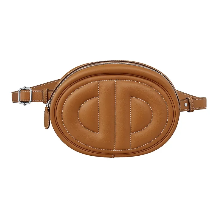 HERMES Cow Leather Crossbody Bag, Fanny Pack Unisex Gold Brown-0