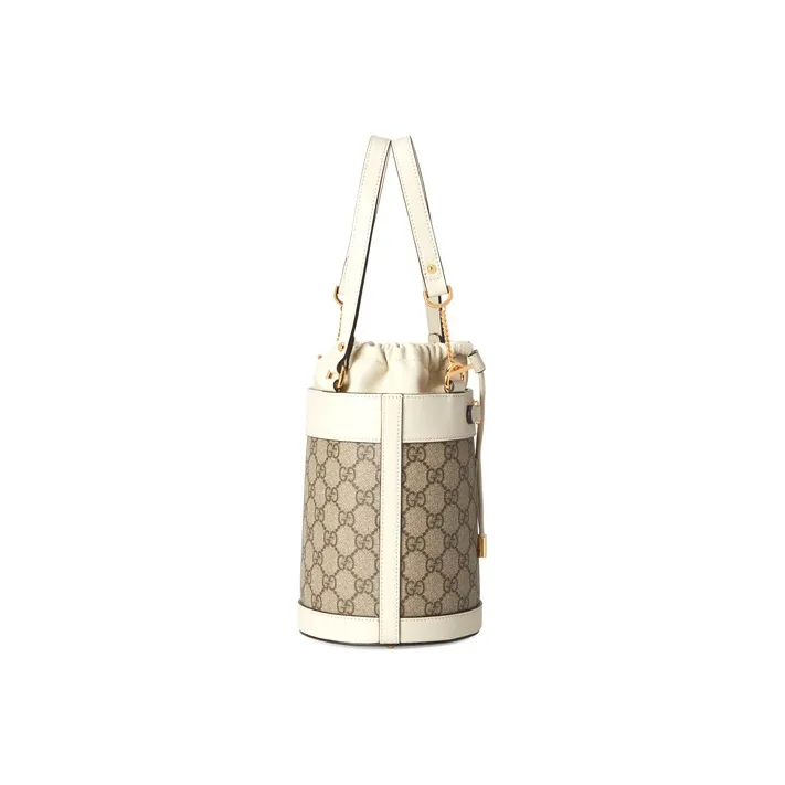 GUCCI Horsebit 1955 Canvas With Leather Bucket Bag, One Shoulder Handbag Trumpets Women's Ebony/White-2