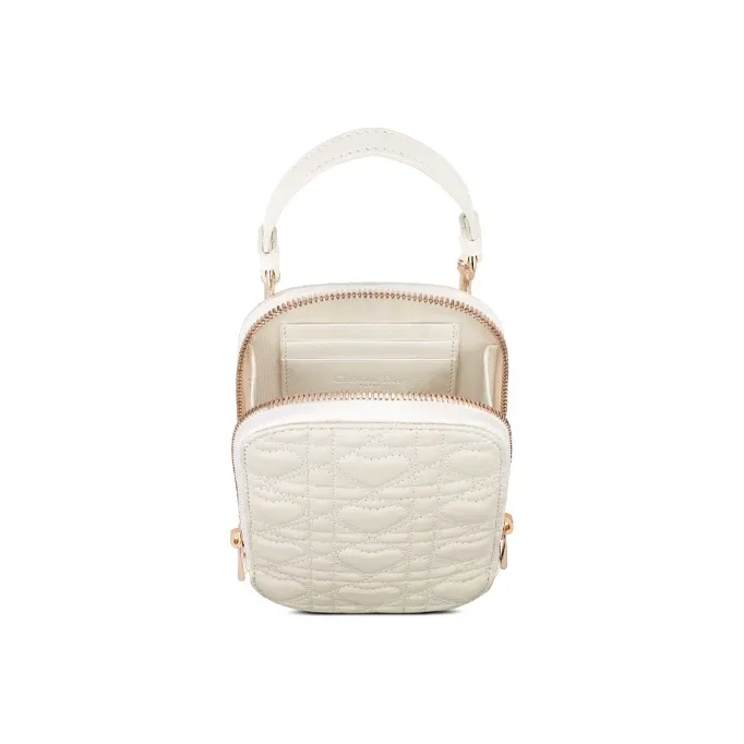 DIOR Lady Dior Sheepskin One Shoulder Crossbody Cell Phone Pouch Women's White-3