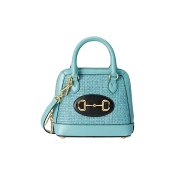 GUCCI Straw Woven With Leather Dome Bag Handbag Shoulder Bag Crossbody Bag Mini Women's Blue