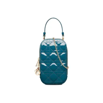DIOR Lady Dior Patent Leather, Cow Leather Chain One Shoulder Crossbody Portable Cell Phone Pouch Women's Gray Blue
