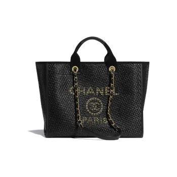 CHANEL Straw Woven & Calfskin & Metal Chain Shoulder Bag, Handbag Women's Black/Gold