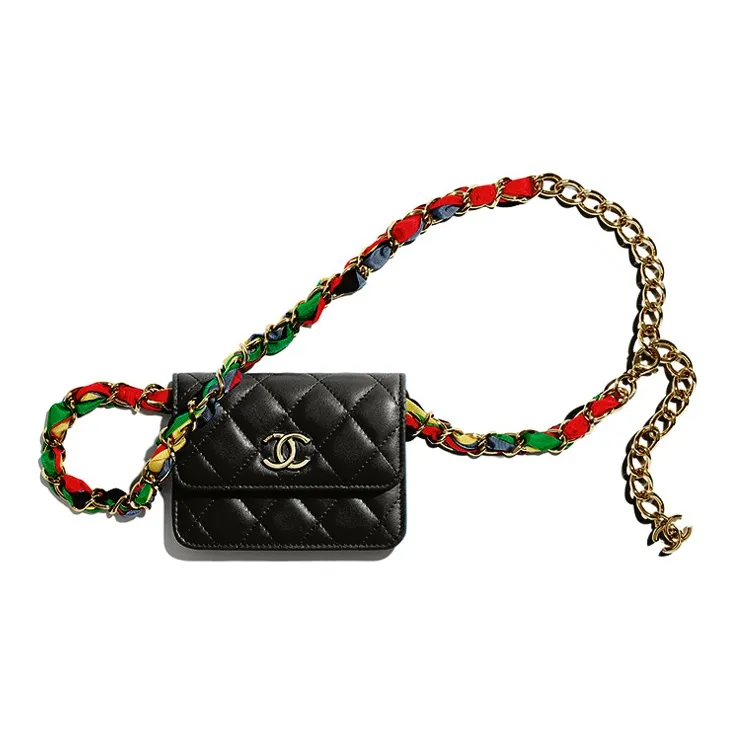 CHANEL Lambskin & Ribbon & Metal Rainbow Bag, Fanny Pack, Waist Chain Trumpets Women's Black/Colorful-0