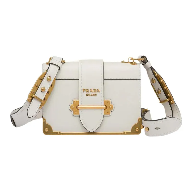 PRADA Cahier Leather One Shoulder Handbag, Crossbody Bag Women's White-0