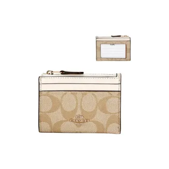COACH Canvas With Leather Card Clip Clutch Mini Women's White & Khaki