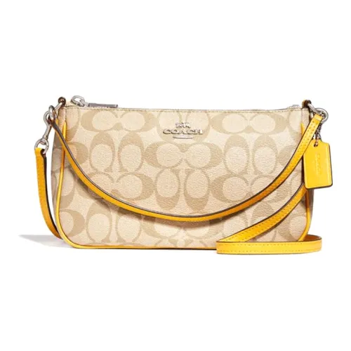 COACH Coated Canvas Pochette, Shoulder Bag, Handbag, Crossbody Bag, Shoulder Bag Women's Yellow Trim Light Khaki White