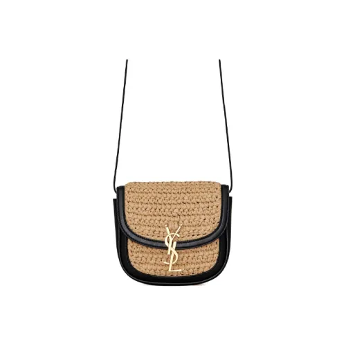 SAINT LAURENT Raffia With Leather Saddle Bag Shoulder Bag Crossbody Bag Small Size Women's Beige & Black