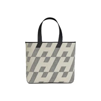 HERMES Cabas Motif Swift Fabric Cow Leather Handbag Women's Ecru/Noir Light Brown/Black