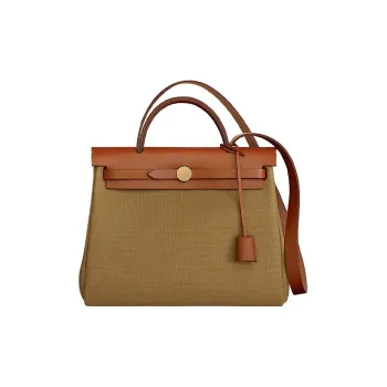 HERMES Herbag Zip Canvas With Hunter Cow Leather Portable Canvas Shoulder Bag, Crossbody Bag Unisex Linen Green