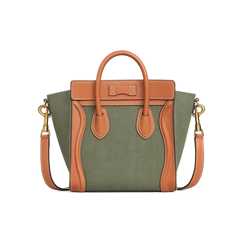 CELINE Luggage Fabric Cow Leather Patchwork One Shoulder Handbags Nano Women's Khaki Green/Tan-2