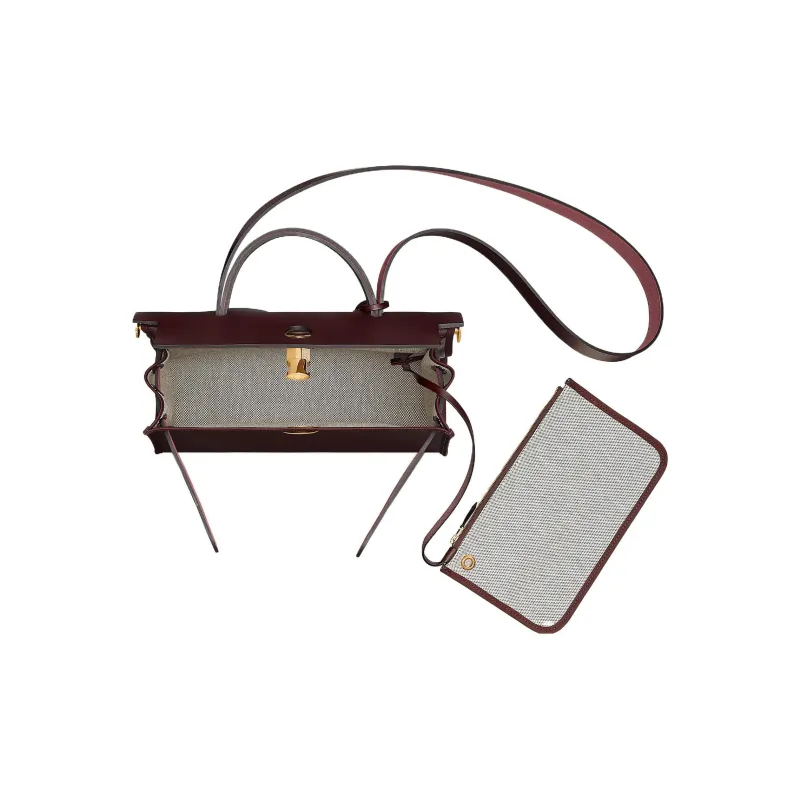 HERMES Herbag Zip Berline Canvas And Hunter Cow Leather Shoulder Bag Crossbody Bag Handbag Unisex Saddle Red-2