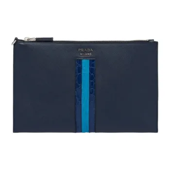 PRADA Leather And Crocodile Leather Clutch Women's Blue
