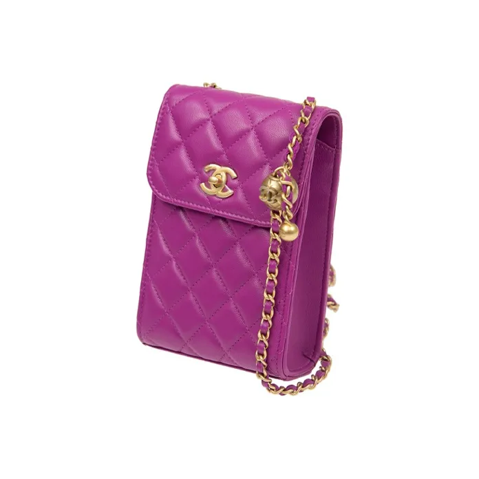CHANEL Lambskin Chain Flap Cell Phone Pouch Women's Purple-1
