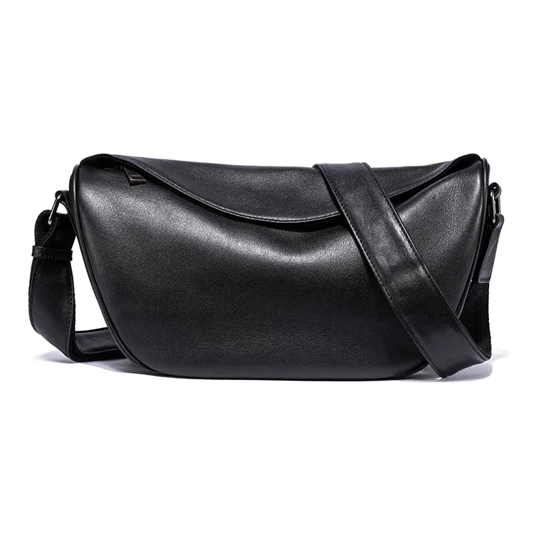 Ace Paul Cow Leather Crescent Bag, Small Square Bag, Shoulder Bag, Crossbody Bag Medium Size Unisex Black-0
