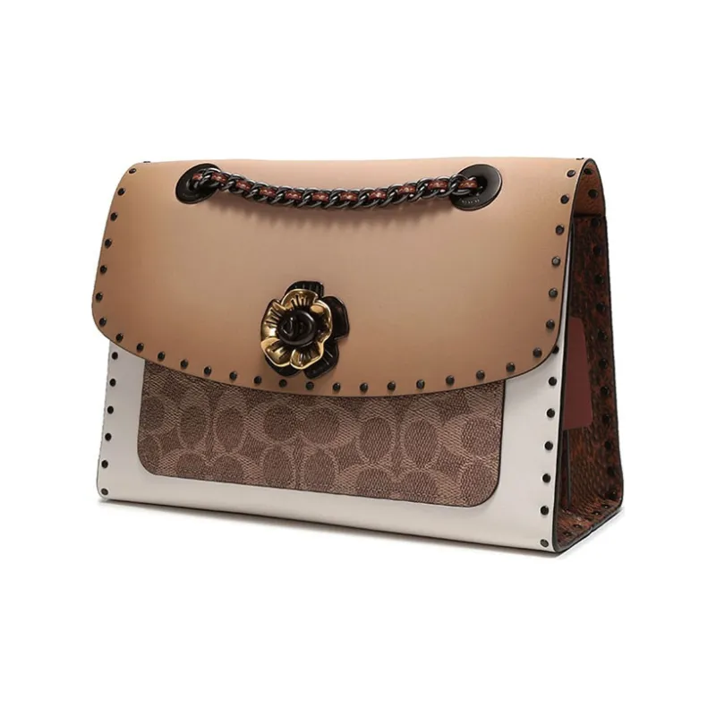 COACH Parker Leather Chain Bag Shoulder Bag Crossbody Bag Women's Yellow Color Antique Flower Mountain Camellia-2