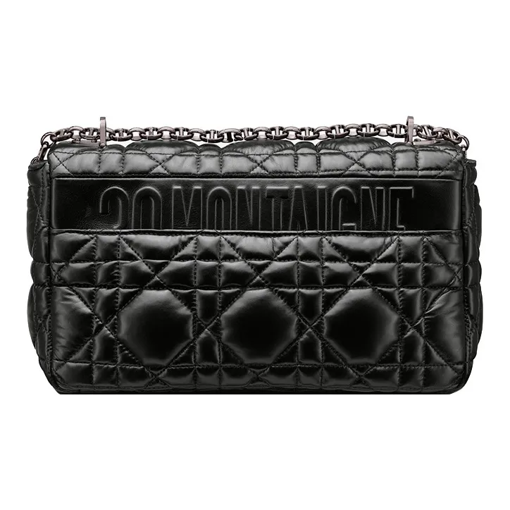 DIOR Caro Cow Leather Shoulder Bag Crossbody Bag Large Size Women's Black Silver-2