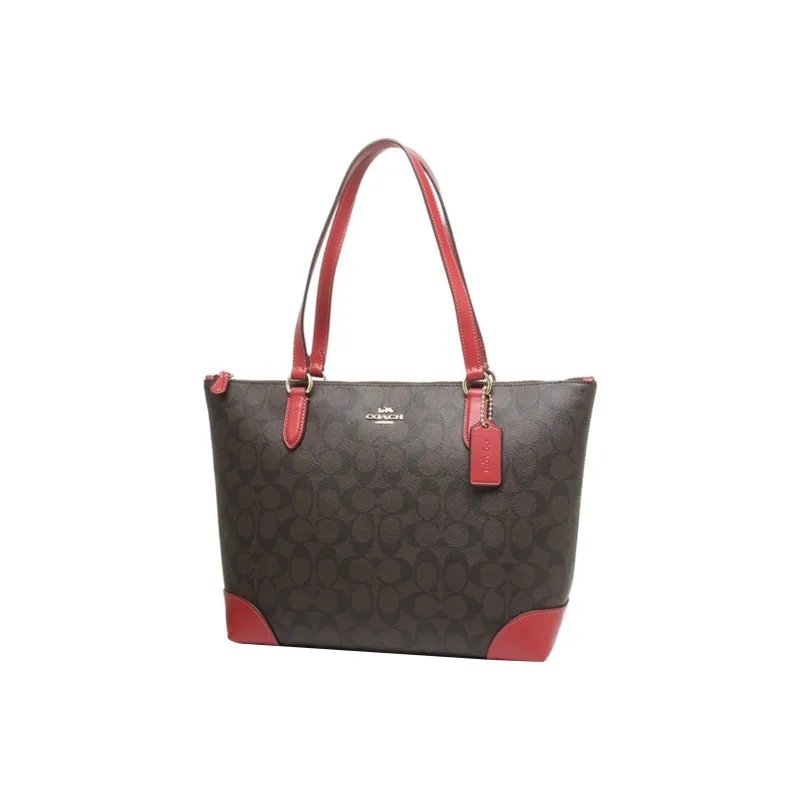 COACH Zip Top Tote Canvas With Leather Tote Bag Shopping Bag Crossbody Bag Shoulder Bag Medium Size Women's Red & Brown-1