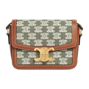 CELINE Embroidered Fabric With Cow Leather Patchwork Shoulder Bag Crossbody Bag Women's Khaki Green