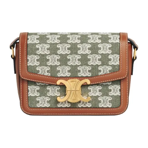 CELINE Embroidered Fabric With Cow Leather Patchwork Shoulder Bag Crossbody Bag Women's Khaki Green