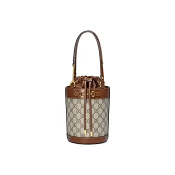GUCCI Horsebit 1955 Canvas With Leather Bucket Bag, Handbag, Shoulder Bag Women's Ebony & Brown