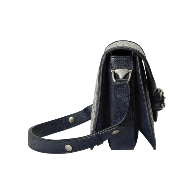 GUCCI Horsebit 1955 Canvas With Leather Trim Handbag, Shoulder Bag, Crossbody Bag Trumpets Unisex Blue/Beige-2