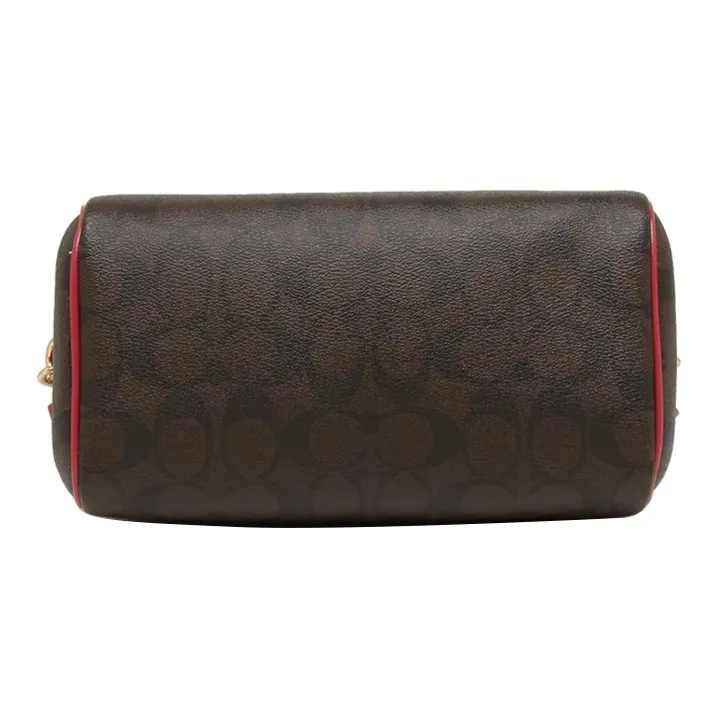 COACH Bennett Leather Boston Bag One Shoulder Handbag Crossbody Bag Small Size Women's Red And Brown Monogram-3