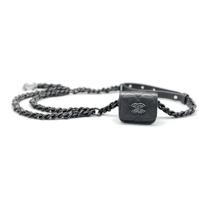 CHANEL Grain Embossed Calfskin With Bright Lacquered Finish Metal Fanny Pack AirPods Pro Earphone Case Women's Black-0
