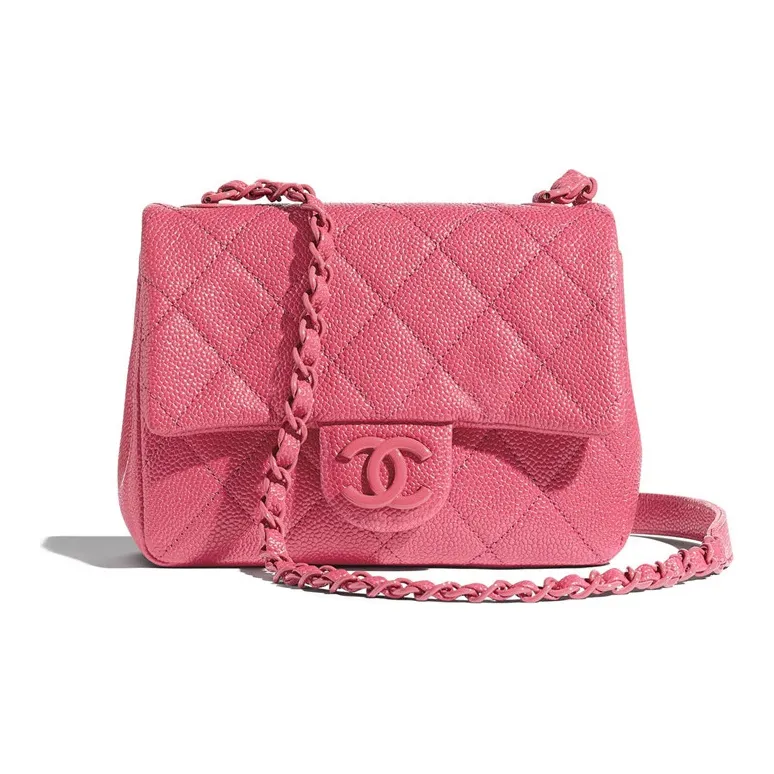CHANEL Grain Embossed Litchi Grain Calfskin Mini Square Flap Bag With Shoulder Strap, Crossbody Bag Women's Pink-0