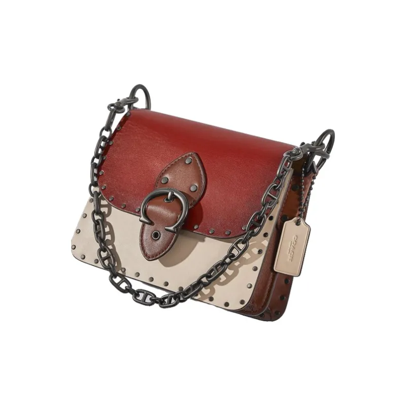 COACH Beat Leather Square Bag, One Shoulder Handbag, Crossbody Bag Small Size Women's Red White-1