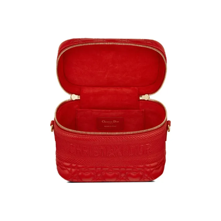 DIOR Wicker Pattern Sheepskin Makeup Bag Small Size Women's Red-4