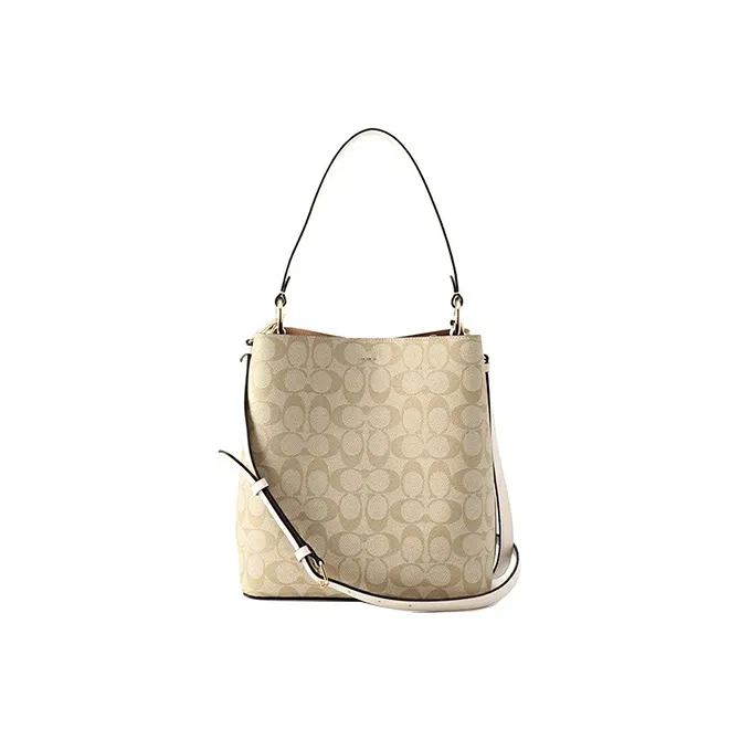 COACH Town Canvas With Leather Bucket Bag, Handbag, Shoulder Bag, Crossbody Bag Medium Size Women's Khaki White-2