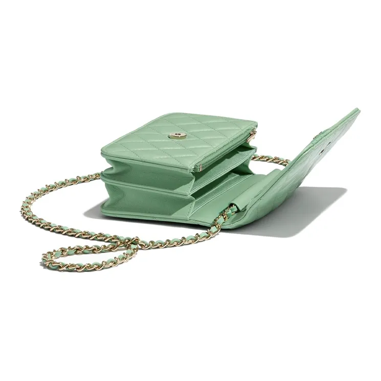CHANEL Lambskin And Gold Metal Wallet Mini Women's Green-2