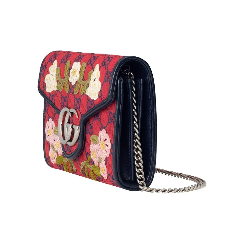 GUCCI GG Marmont Multicolor Leather Trim Quilting Canvas Chain Wallet Shoulder Bag Crossbody Bag Mini Women's Red/Blue-1
