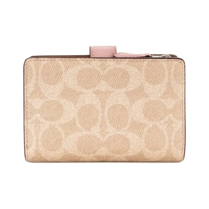 COACH Corner Zip Canvas With Leather Coin Purse Clutch Wallet Regular Women's Light Khaki With Pink Accents-1
