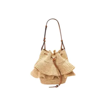 LOEWE Balloon Raffia Fiber Combined With Cow Leather Pleated Portable Crossbody Bag Shoulder Bag Women's Brown
