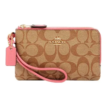 COACH Corner Zip Canvas Wallet Wrist Bag Small Size Women's Khaki Pink