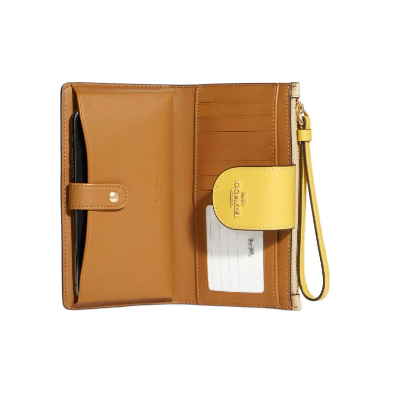COACH Tech Wallet Canvas With Leather Clutch Wallet Wrist Bag Women's Light Khaki With Yellow Accents-1
