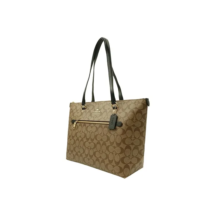 COACH Gallery PVC Tote Bag Shopping Bag Shoulder Bags Large Size Women's Khaki Monogram & Black Shoulder Strap-1