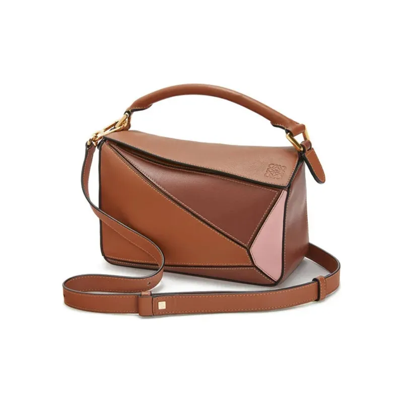 LOEWE Puzzle Calfskin Puzzle Bag Geometric Bag Shoulder Bag Crossbody Bag Handbag Small Size Women's Tan/Pink-2