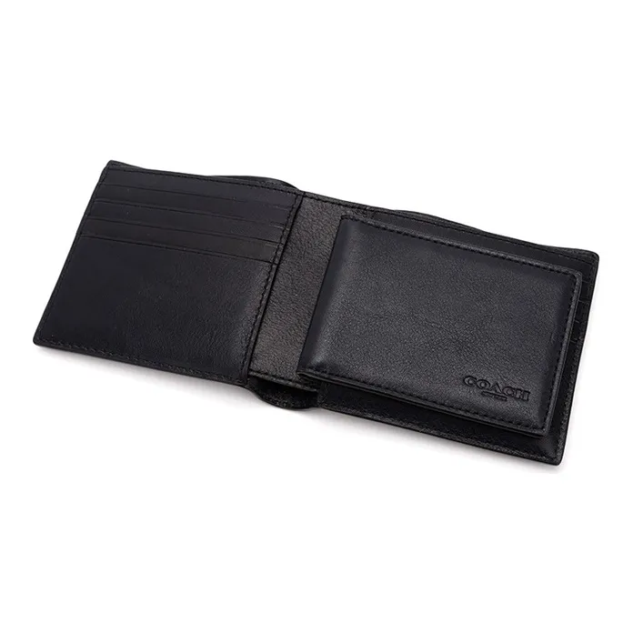 COACH Compact Cow Leather Bifold Flap Wallet Men's Black-4