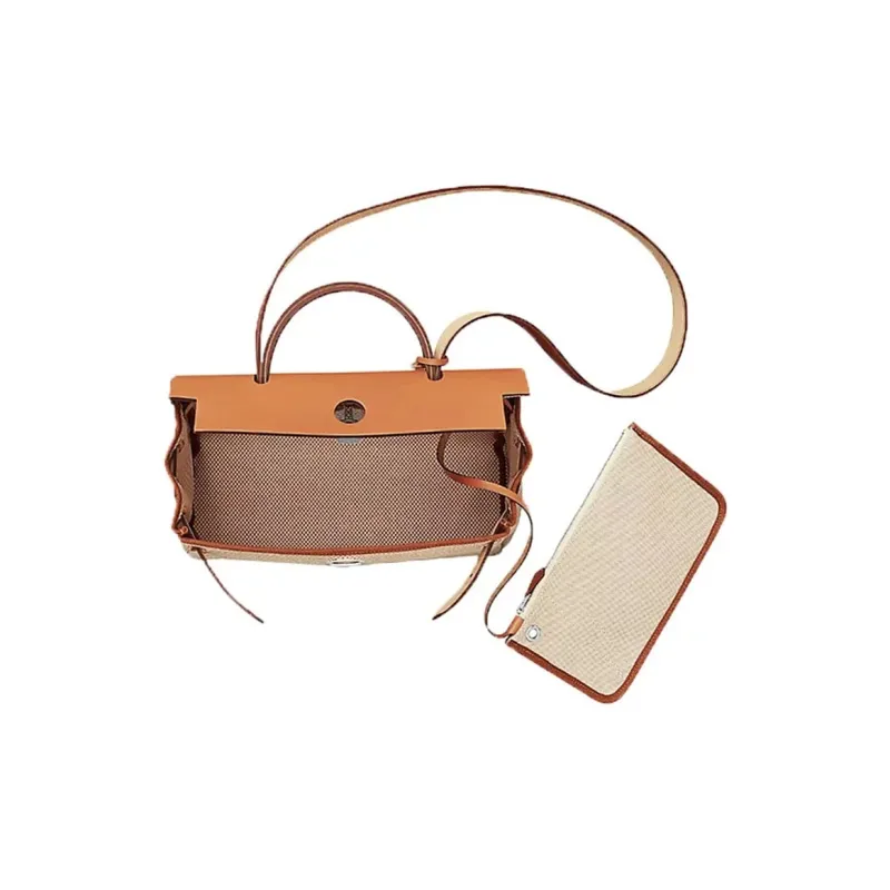 HERMES Herbag Zip Canvas With Leather Handbag, Shoulder Bag, Crossbody Bag Unisex Beige/Natural Color-3