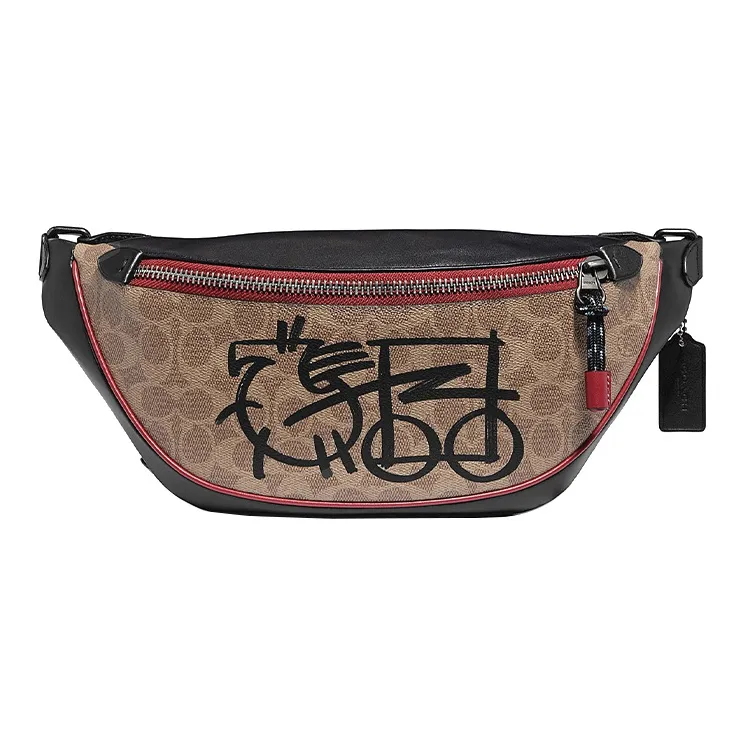COACH Rivington Leather PVC Crossbody Bag Fanny Pack Sling Bag Large Size Men's Khaki Red Black-0