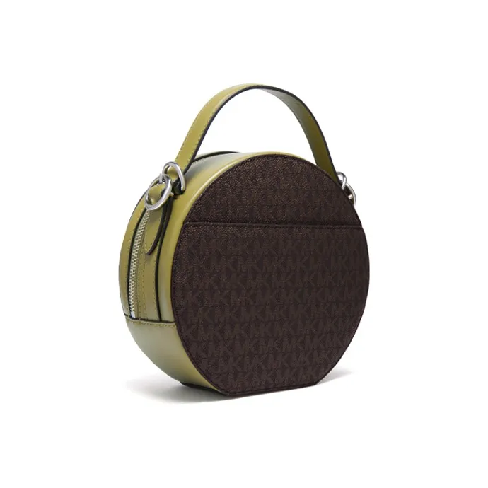 MICHAEL KORS Delaney Cow Leather Round Bag, Shoulder Bag, Crossbody Bag Medium Size Women's Dark Brown & Olive Green-1