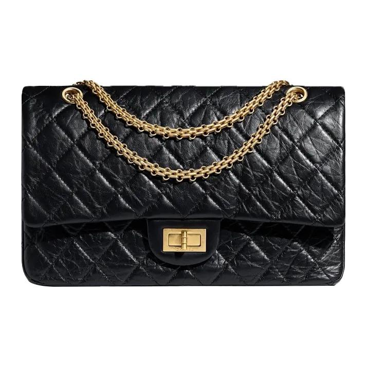 CHANEL 2.55 Cow Leather Flap Bag Chain Crossbody Bag Shoulder Bag Women's Black Gold, Black-0