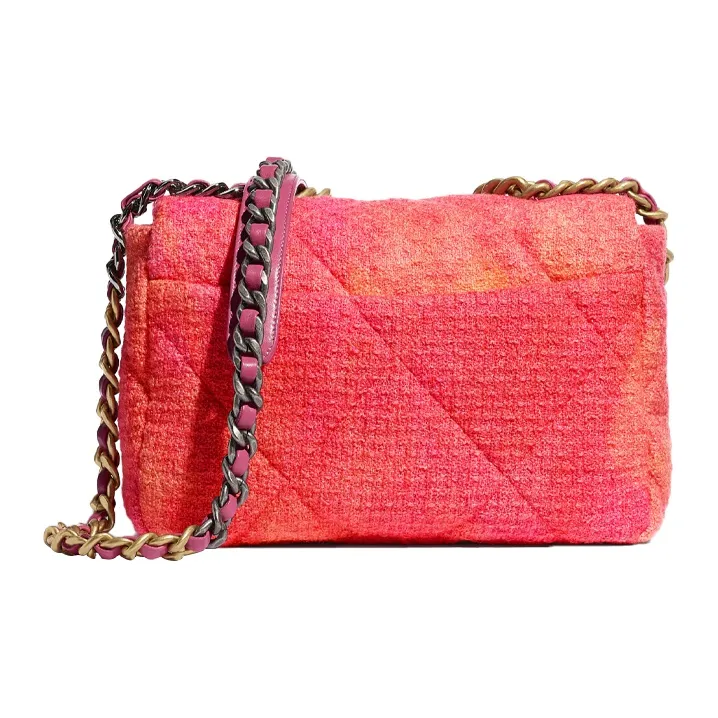 CHANEL 19Bag Knitted Fabric Inlaid Metal Chain Shoulder Bag, Crossbody Bag Trumpets Women's Coral/Orange/Pink-1