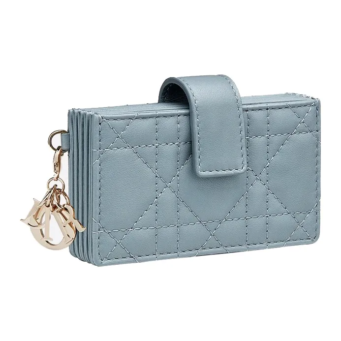 DIOR Lady Dior Wicker Pattern Sheepskin Card Holder Women's Light Blue-1